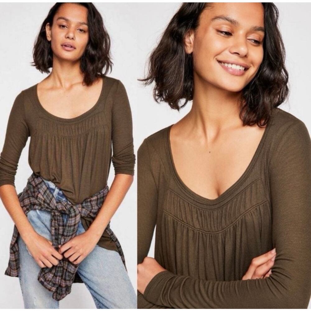 🧺 5 for $25 Sale NWT Free People Love Valley Scoop Neck Top Small Olive Green
